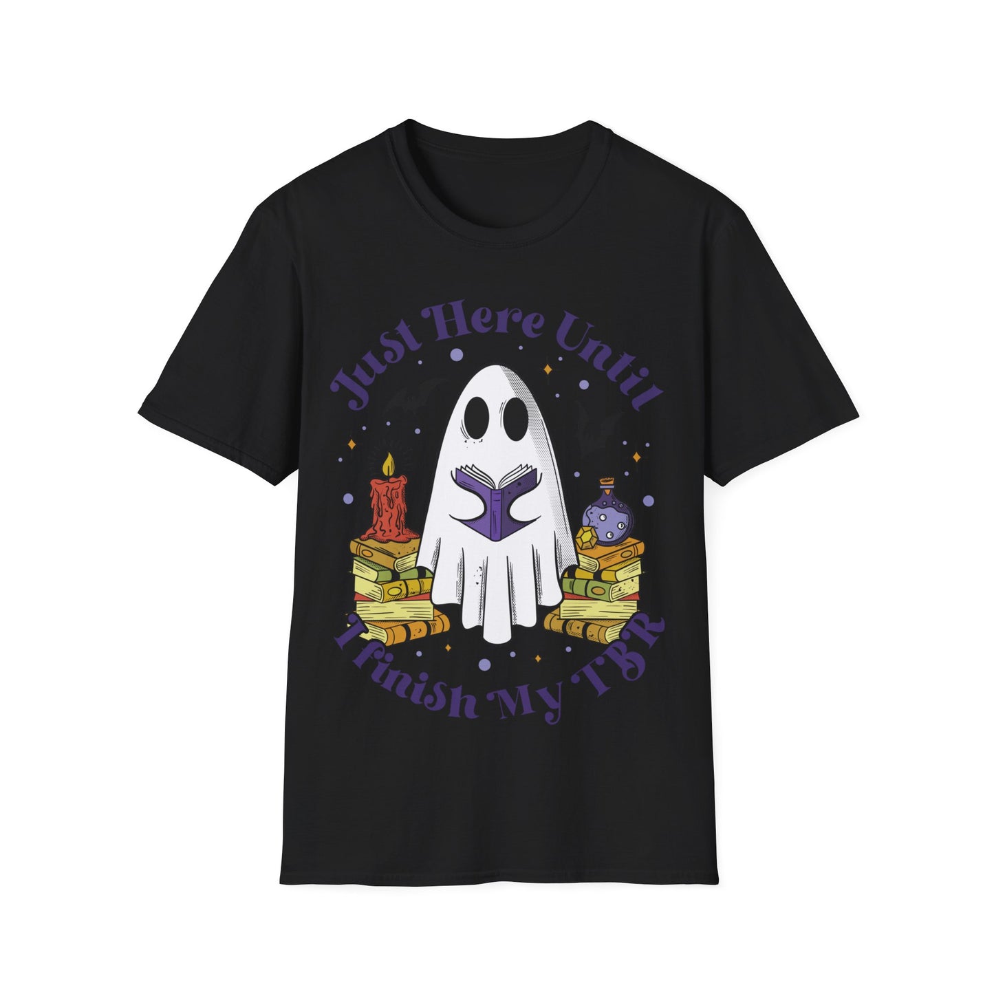 "Just here until I finish my TBR" ghost Halloween shirt, ghost reading, booktok, book lover, Halloween lover, summerweek, books, funny book shirt, Halloween book tee.