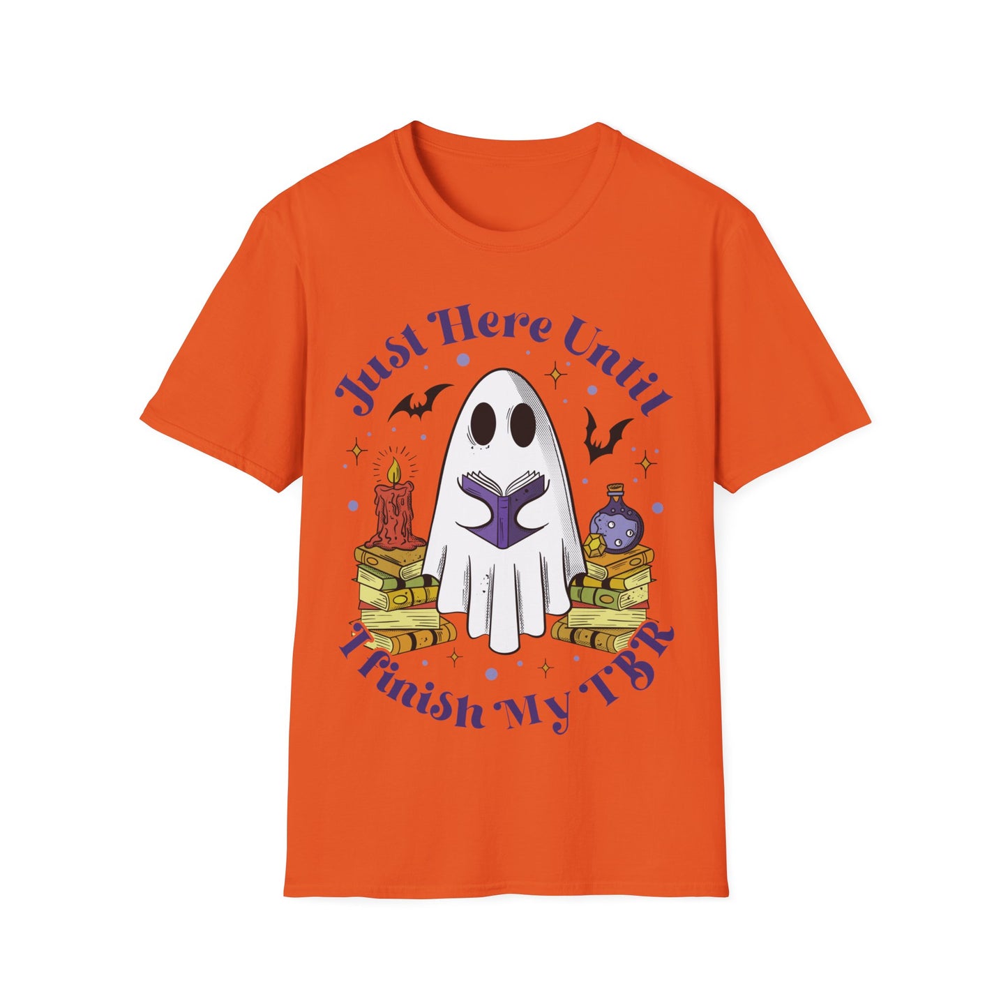 "Just here until I finish my TBR" ghost Halloween shirt, ghost reading, booktok, book lover, Halloween lover, summerweek, books, funny book shirt, Halloween book tee.