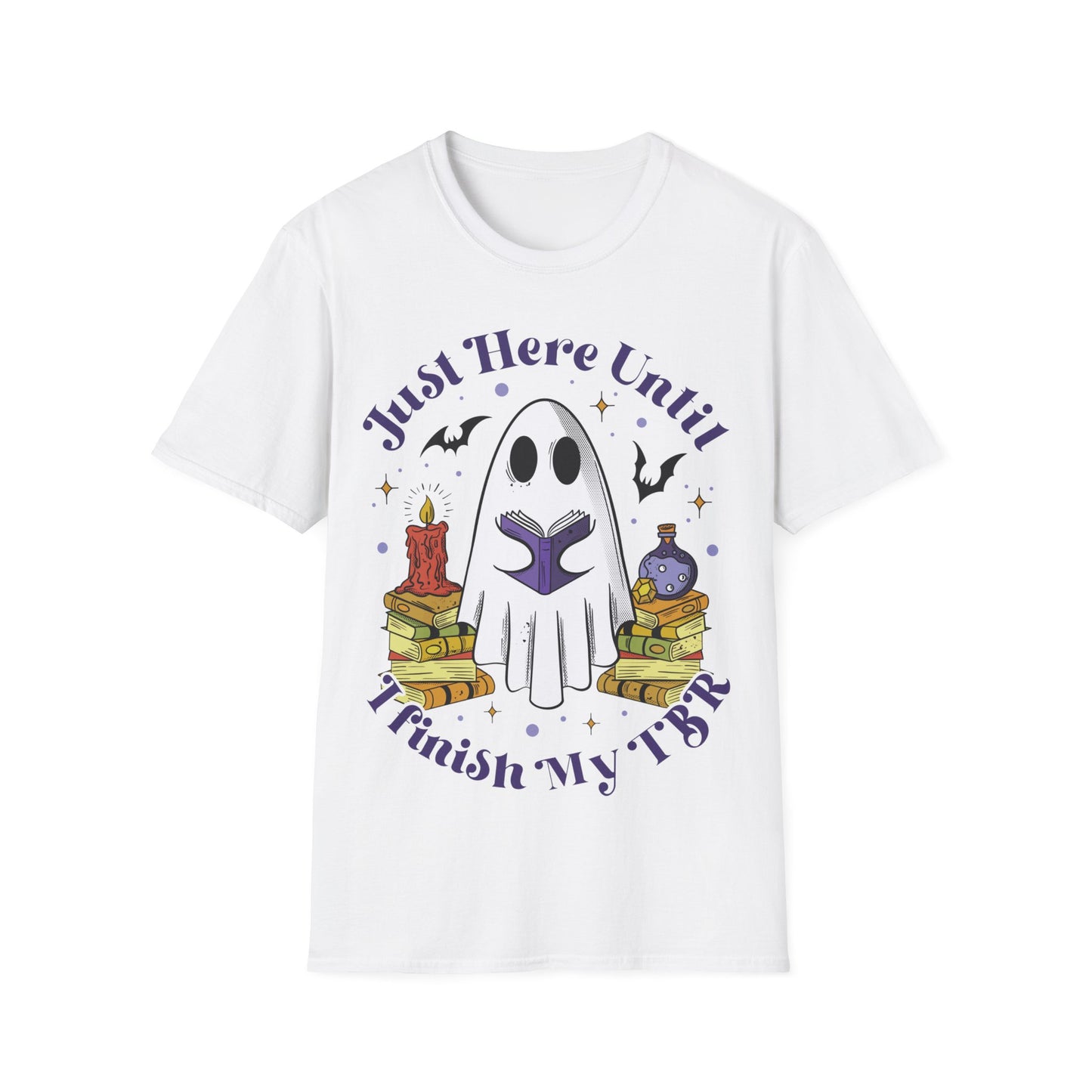 "Just here until I finish my TBR" ghost Halloween shirt, ghost reading, booktok, book lover, Halloween lover, summerweek, books, funny book shirt, Halloween book tee.