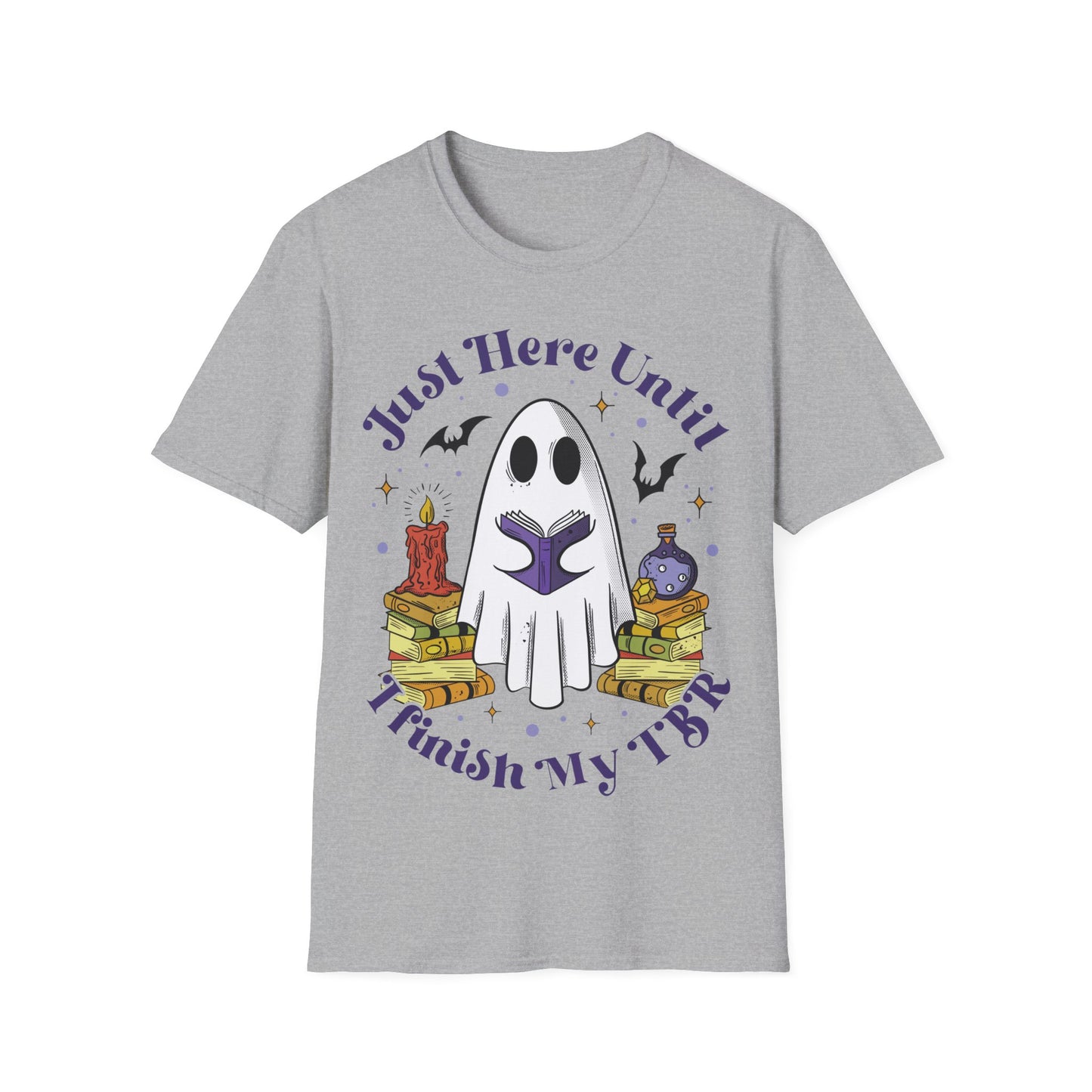 "Just here until I finish my TBR" ghost Halloween shirt, ghost reading, booktok, book lover, Halloween lover, summerweek, books, funny book shirt, Halloween book tee.