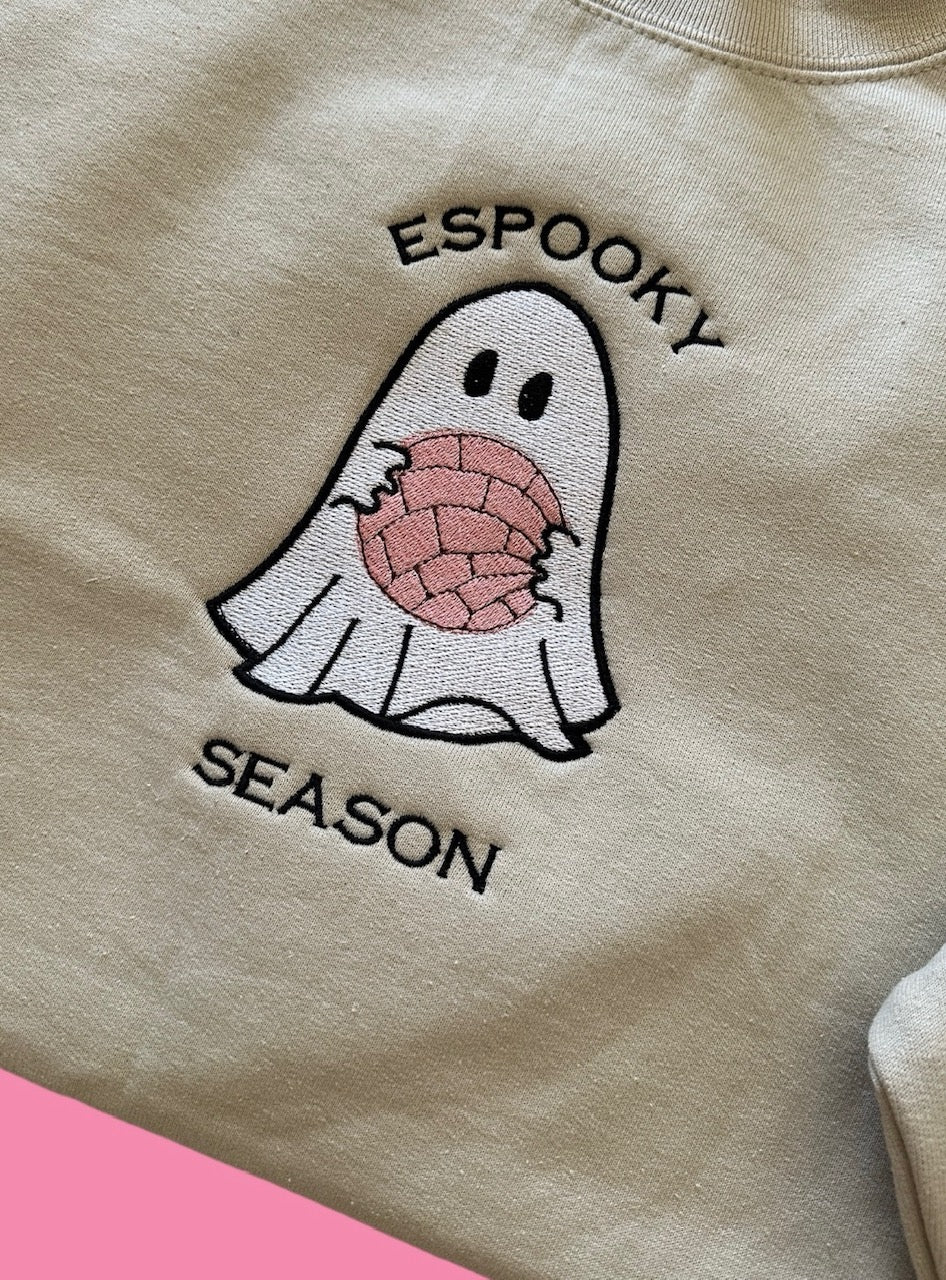 Espooky Season embroidered ghost crewneck, Mexican concha, pan dulce Halloween, Spooky, cute Halloween sweatshirt, latina, Latino, boo, fall