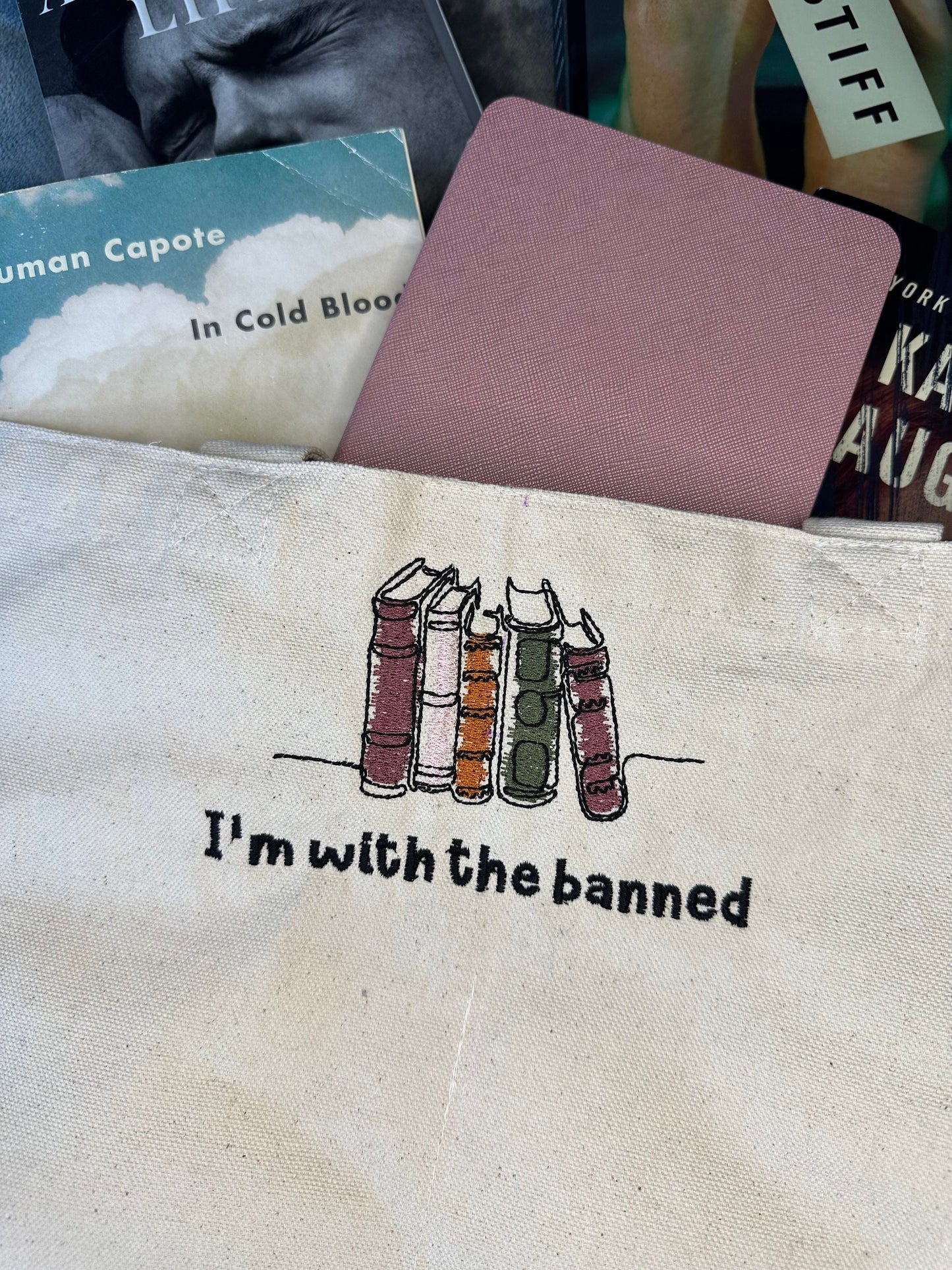 I'm With The Banned embroidered book bag, Reading, Librarian, Teacher, Book, Lover Gift, Bookworm, Bookish, Booktrovert, BookTok, books