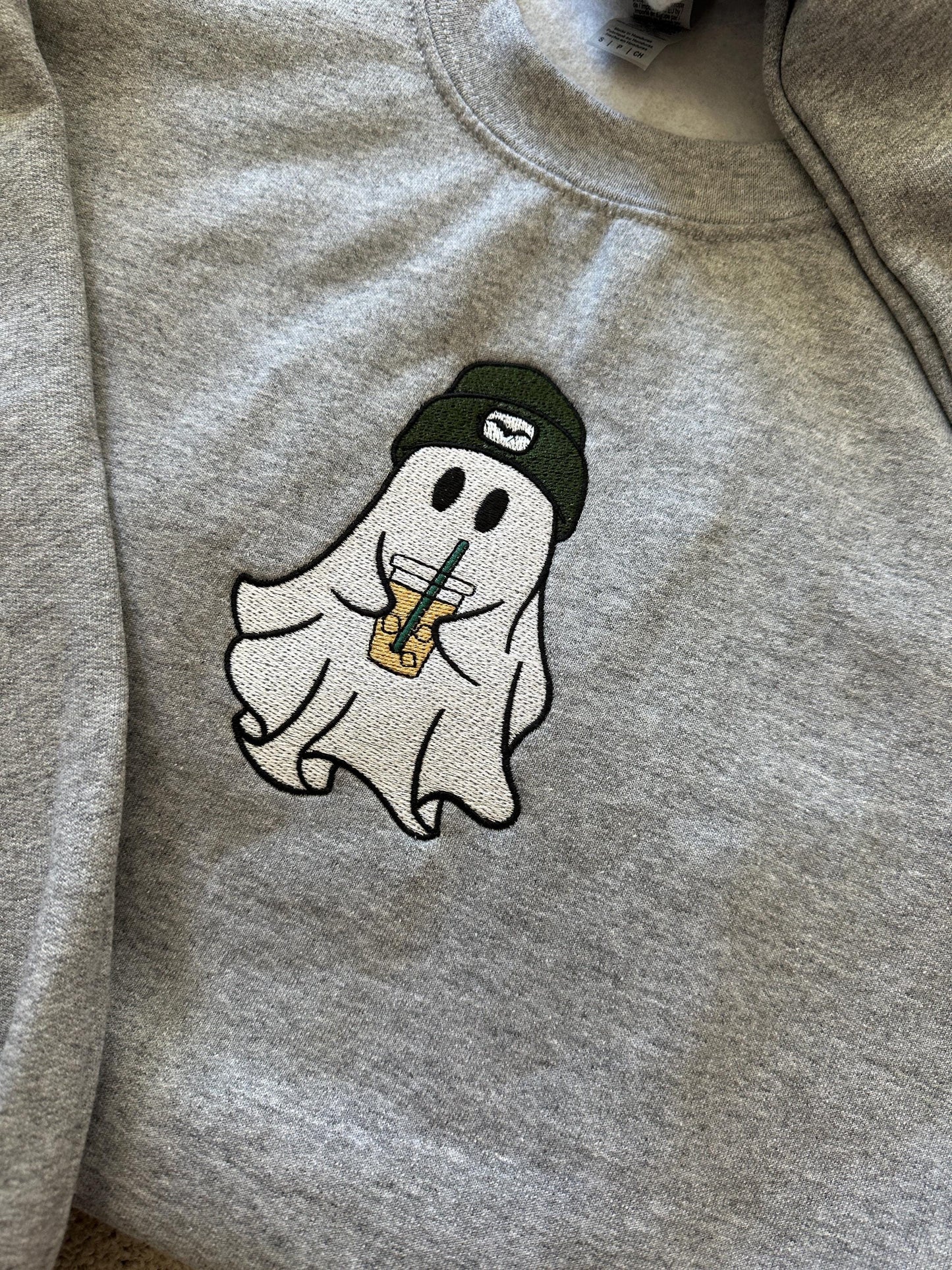 Spooky Season embroidered ghost crewneck, iced coffee Ghost,beanie bat ghost Halloween, Spooky, cute Halloween sweatshirt, boo, coffee lover