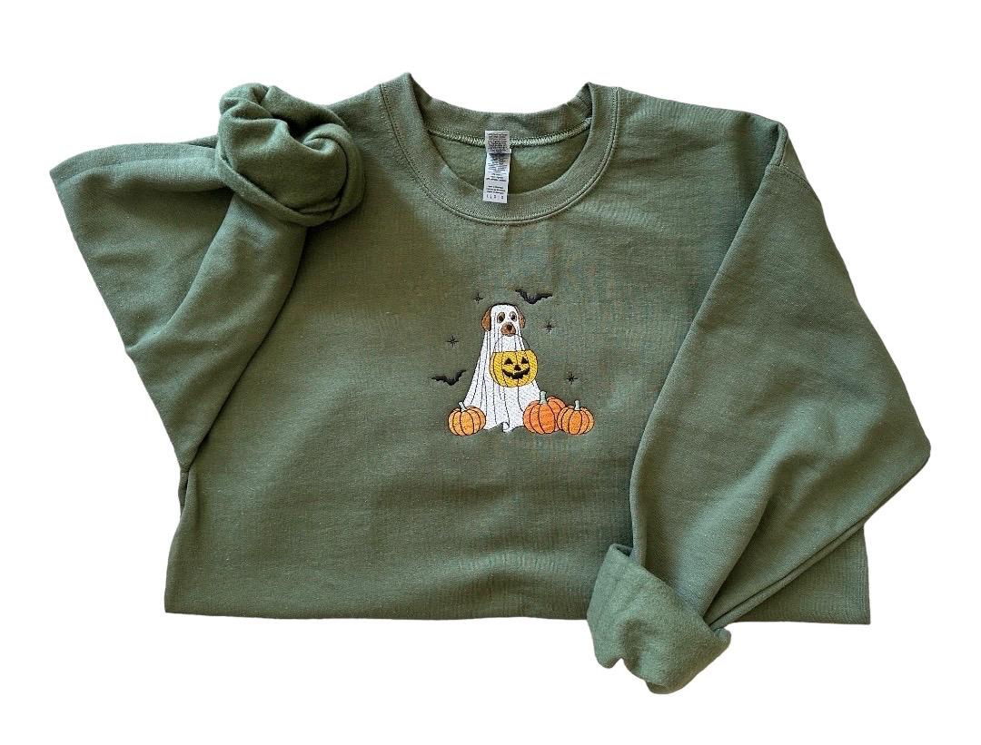 Embroidered dog ghost crewneck, spooky season sweatshirt, cozy season, dog lover shirt, doggy Halloween shirt, pumpkins, dog ghost funny