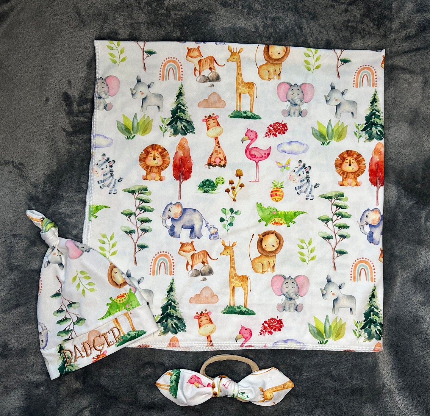 Embroidered baby hat with swaddle set, newborn gift, Baby shower, baby blanket, matching set, personalized baby name gift, nursery, baby bow
