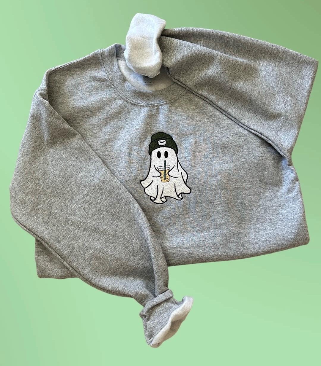Spooky Season embroidered ghost crewneck, iced coffee Ghost,beanie bat ghost Halloween, Spooky, cute Halloween sweatshirt, boo, coffee lover