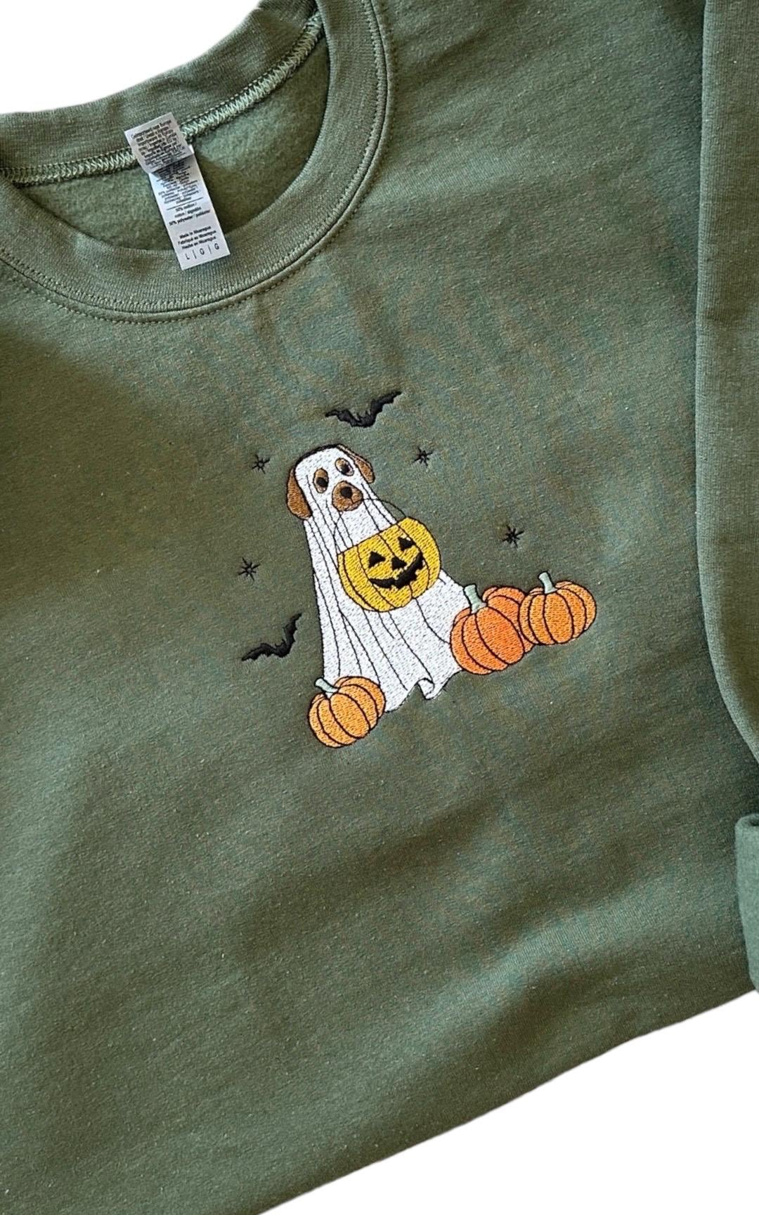 Embroidered dog ghost crewneck, spooky season sweatshirt, cozy season, dog lover shirt, doggy Halloween shirt, pumpkins, dog ghost funny