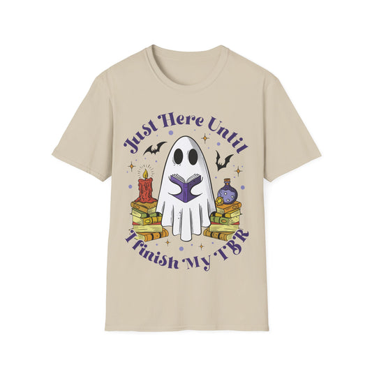 "Just here until I finish my TBR" ghost Halloween shirt, ghost reading, booktok, book lover, Halloween lover, summerweek, books, funny book shirt, Halloween book tee.