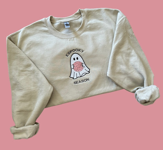 Espooky Season embroidered ghost crewneck, Mexican concha, pan dulce Halloween, Spooky, cute Halloween sweatshirt, latina, Latino, boo, fall