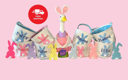 Personalized Easter Basket, Bunny Baskets for Kids, Embroidered Easter Basket, Easter Bunny Tail Bag, Boys Girls Easter Gifts, monogram