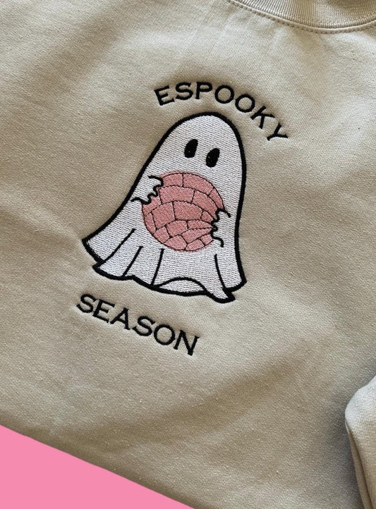 Espooky Season embroidered ghost crewneck, Mexican concha, pan dulce Halloween, Spooky, cute Halloween sweatshirt, latina, Latino, boo, fall
